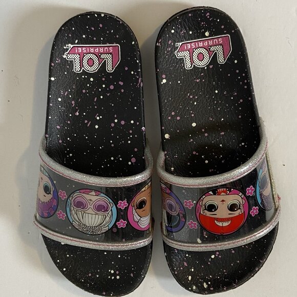 LOL Surprise Dolls Black Clear Glitter Slide Sandals Girls Size 1-2 - Picture 5 of 16